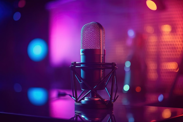 Microfone em uma sala de podcast bokeh background gradiente neon lights Generative AI