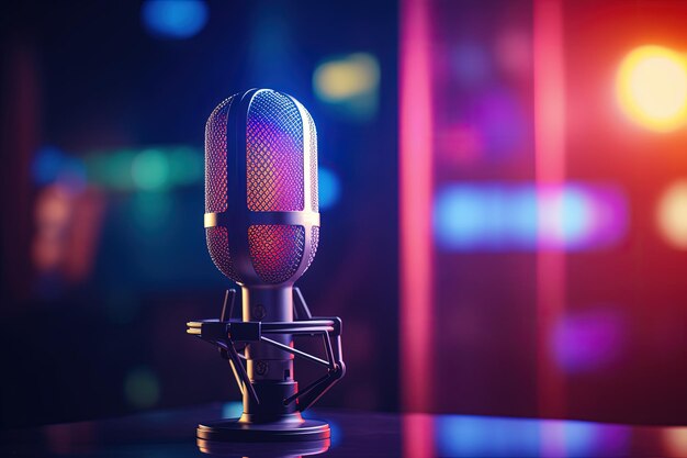 Microfone em uma sala de podcast bokeh background gradiente neon lights Generative AI