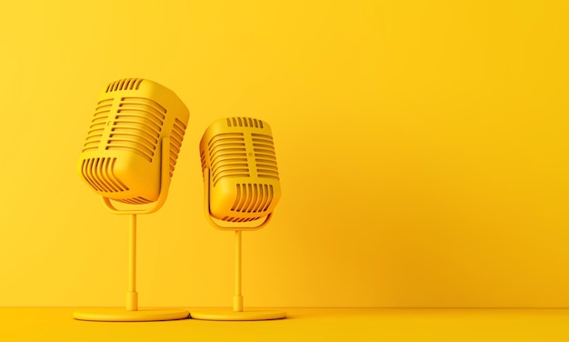 Foto microfone estilo vintage contra um fundo amarelo brilhante simples d renderização