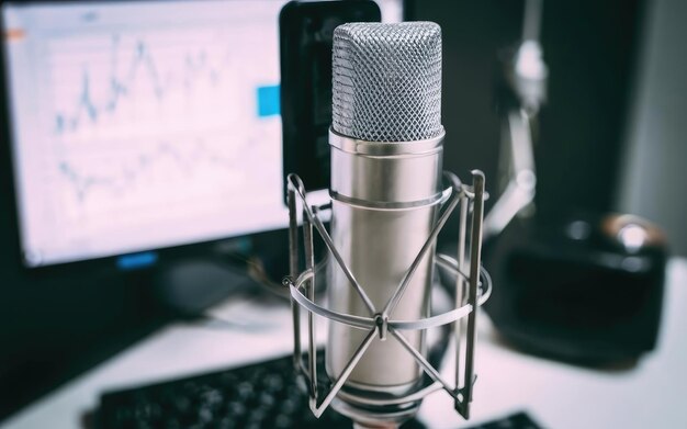 Foto microfone moderno conceito de gravação de áudio e podcasting