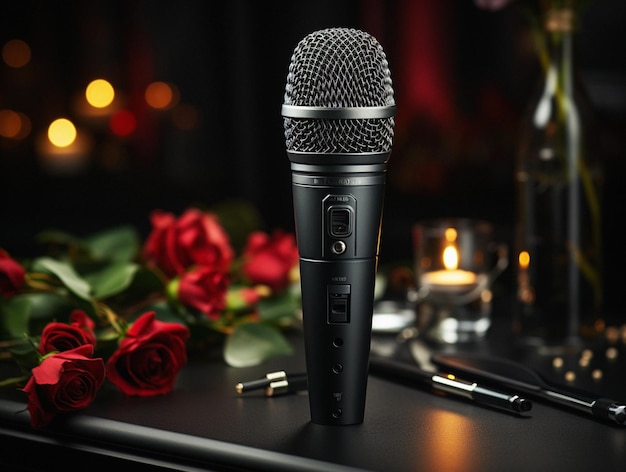 Microfone na mesa em fundo escuro close-up DSLR Fotografia