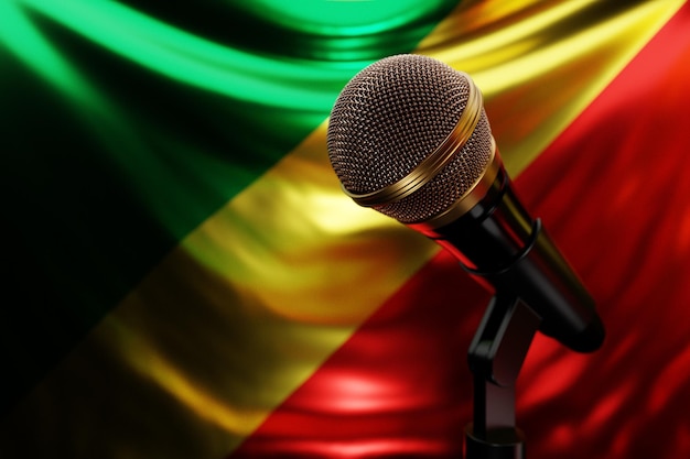 Microfone no fundo da bandeira nacional da república do congo ilustração 3d realista música prêmio karaoke rádio e equipamento de som de estúdio de gravação