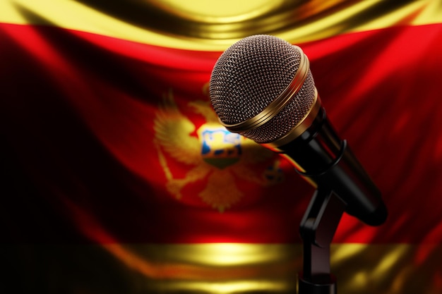 Microfone no fundo da bandeira nacional de Montenegro ilustração 3d realista música prêmio karaoke rádio e equipamento de som de estúdio de gravação