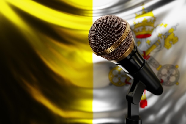 Microfone no fundo da bandeira nacional do vaticano ilustração 3d realista música prêmio karaoke rádio e equipamento de som de estúdio de gravação