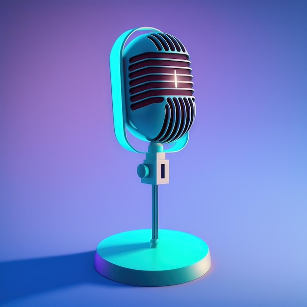 Microfone para entretenimento de rádio ou música iluminado por luz neon eletrônica isolada em uma ilustração 3d de fundo azul