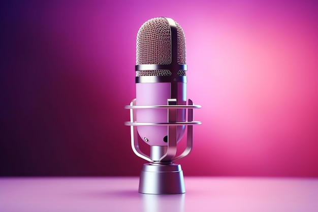 Microfone profissional com podcast de banner de fundo roxo rosa ou fundo de estúdio de gravação