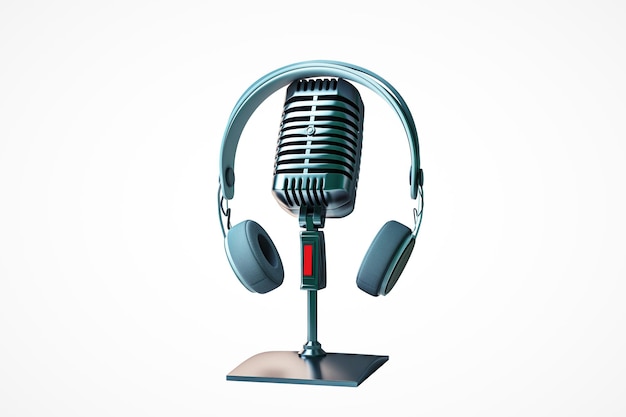 Microfone retro com fones de ouvido em fundo branco Renderização 3D