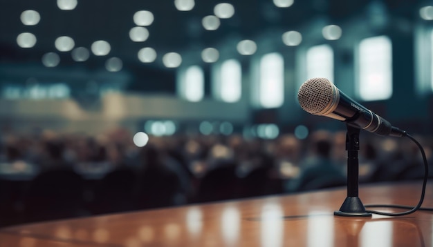 Microfone sobre a foto desfocada abstrata da sala de conferências Reunião de negócios e conceito de educação