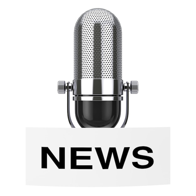 Microfone vintage com etiqueta de notícias em um fundo branco renderização em 3D