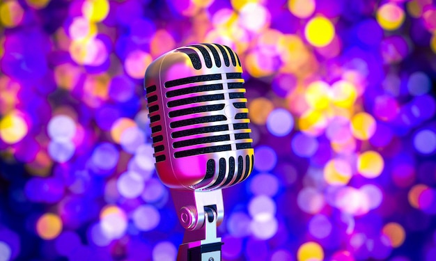 microfone vintage com luzes coloridas borradas no fundo