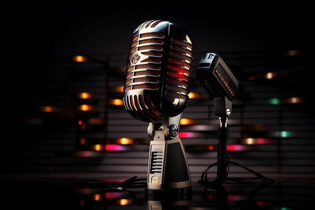 Microfone vintage com onda de música em fundo preto AI