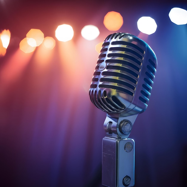 Microfone vintage no palco com luzes bokeh foto de fundo para mídia social Post Size