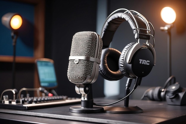 Micrófono y auriculares profesionales en la estación de radio de entretenimiento y comunicación conce