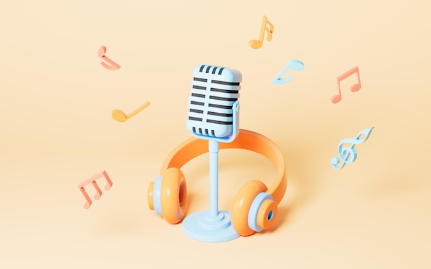 Micrófono y auriculares en el renderizado 3d de fondo amarillo