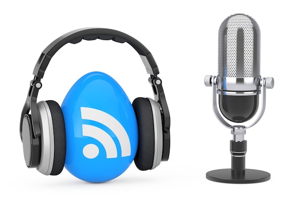 Micrófono con auriculares a través de RSS Podcast Logo Icon sobre un fondo blanco. Representación 3D