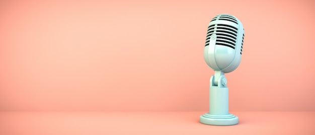 Micrófono azul en sala rosa, render 3d