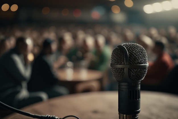 Micrófono captado sobre el fondo de una sala de audiencias IA generativa