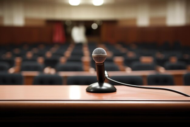 Un micrófono cerca del orador en una sala de conferencias vacía