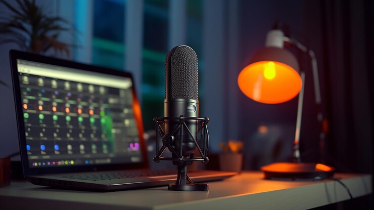Micrófono de condensador profesional en la mesa en el estudio de grabación