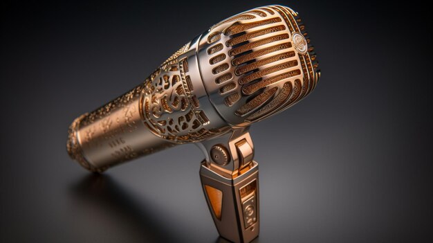 Un micrófono dorado con una gran pieza de metal con la palabra 'oro'.