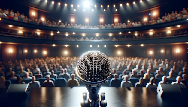 Foto un micrófono está en un escenario frente a una gran audiencia