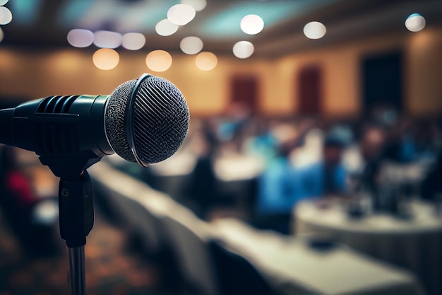 Micrófono en el escenario en la sala de conciertos o sala de conferencias con ai generador de fondo del asistente