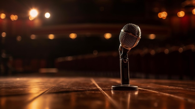 Un micrófono en un escenario en un teatro.