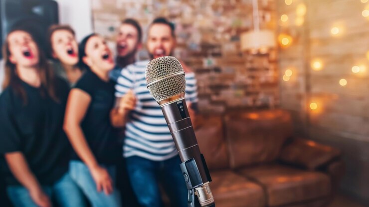 Un micrófono está frente a un grupo de personas que están cantando y bailando