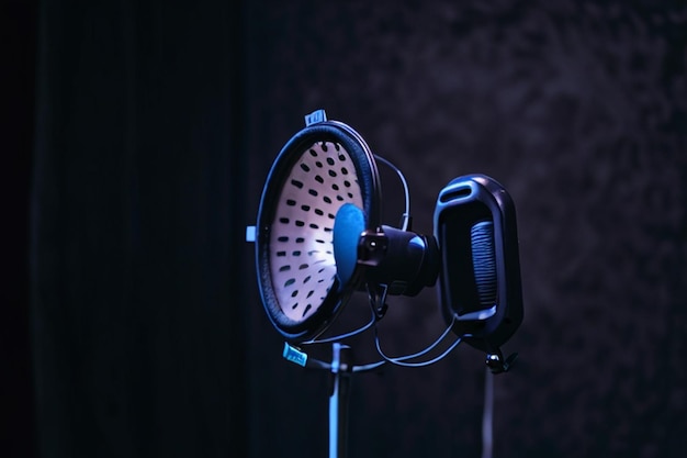 Micrófono de estudio y escudo pop en el micrófono en el estudio de grabación vacío con espacio de copia Actuación y espectáculo en el equipo de negocio de la música
