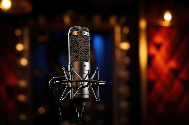 Foto micrófono de estudio de grabación de audio sobre fondo oscuro micrófono para voces en off micrófono profesional presentado en el estudio de grabación ai generado