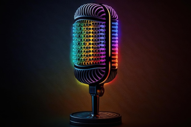 Micrófono de estudio podcast fondo de luz de neón IA generativa