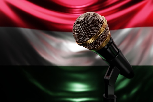 Micrófono en el fondo de la bandera nacional de Hungría ilustración 3d realista premio de música karaoke radio y equipo de sonido de estudio de grabación