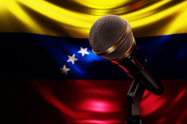 Micrófono en el fondo de la Bandera Nacional de Venezuela ilustración 3d realista premio de música karaoke radio y equipo de sonido de estudio de grabación