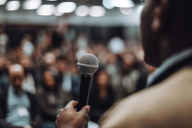 Un micrófono frente a la audiencia de un seminario de conferencias