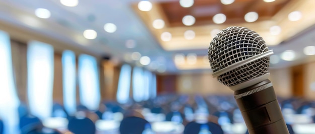Foto micrófono para hablar en público y configuración de conferencias en una sala vacía para la planificación de eventos, convenciones y