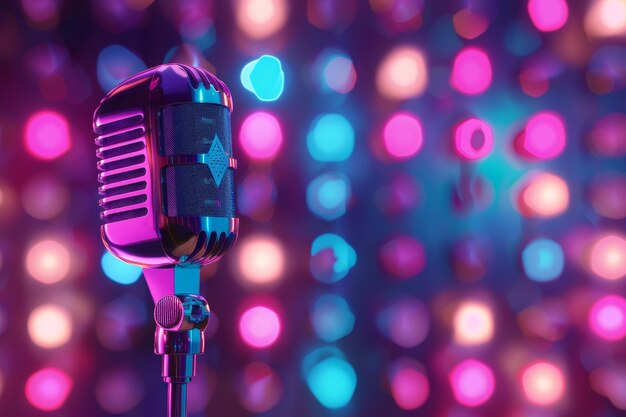 Micrófono y luces de escenario en el concepto de actuación o industria del entretenimiento