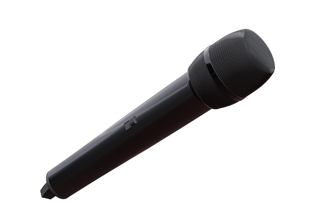 Micrófono negro aislado sobre fondo blanco micrófono de etiqueta en blanco para ilustración 3d fotorrealista de alta calidad de plantilla
