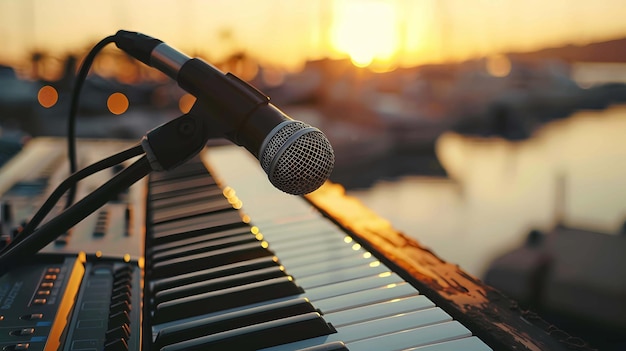 micrófono en un piano con la puesta de sol en el fondo