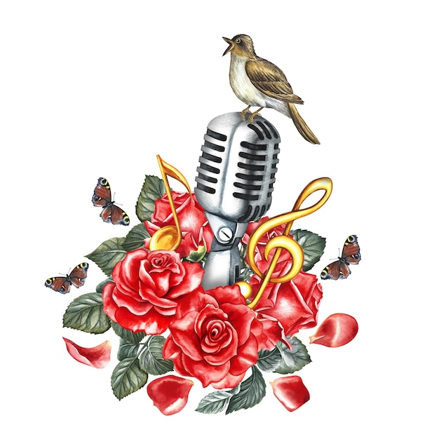 Un micrófono plateado retro decorado con notas de rosas rojas y un ruiseñor la acuarela