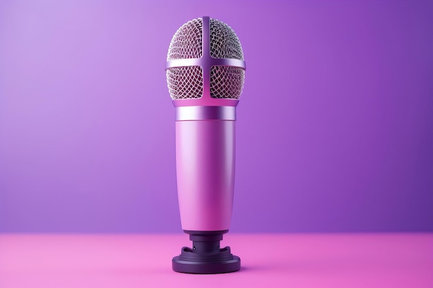 Micrófono profesional con podcast de banner de fondo rosa púrpura o fondo de estudio de grabación