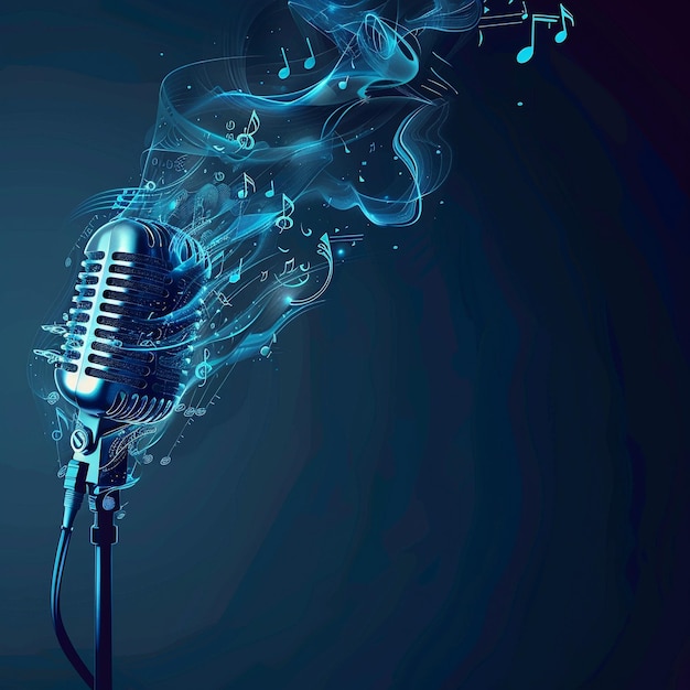 un micrófono que emana notas musicales en un fondo azul