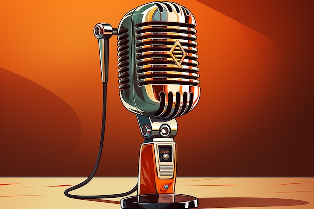 micrófono de radio vintage con una ilustración de soporte generada por IA