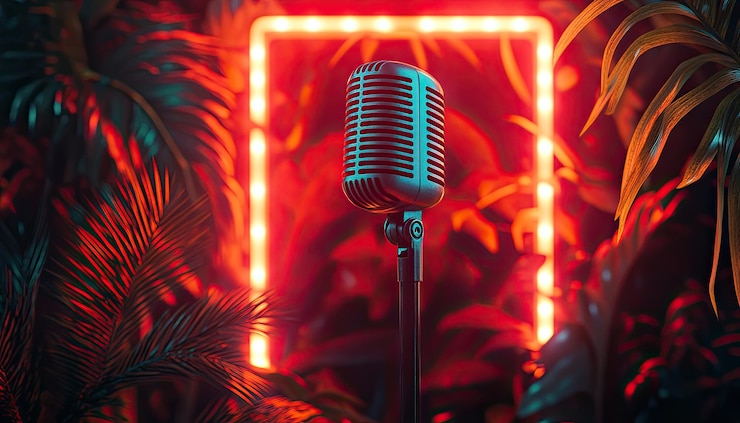 Micrófono retro en un entorno tropical vibrante bañado en cálida luz de neón