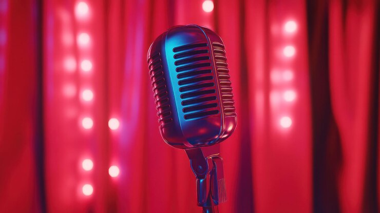 Micrófono retro en el escenario frente a una cortina roja con luces brillantes