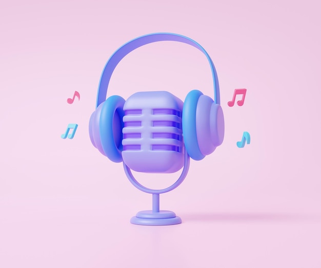 Micrófono retro con notas de auriculares música sobre fondo rosa pastel podcast escuchando entretenimiento estudio musical concepto de karaoke Dibujos animados mínimos lindo ilustración de renderizado 3d suave