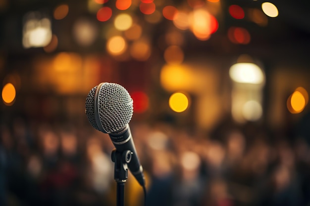 Micrófono en sala de conciertos o sala de conferencias con fondo borroso de audiencia