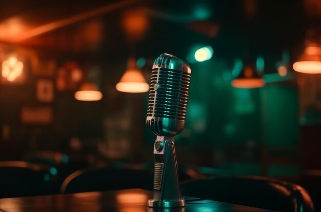 Un micrófono sobre una mesa en un bar con una luz verde de fondo.