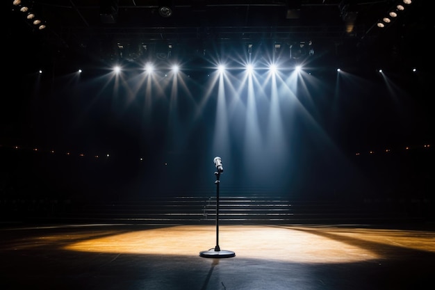 Micrófono bajo un solo foco en un escenario