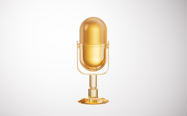 Micrófono de vidrio dorado con fondo blanco renderización 3D