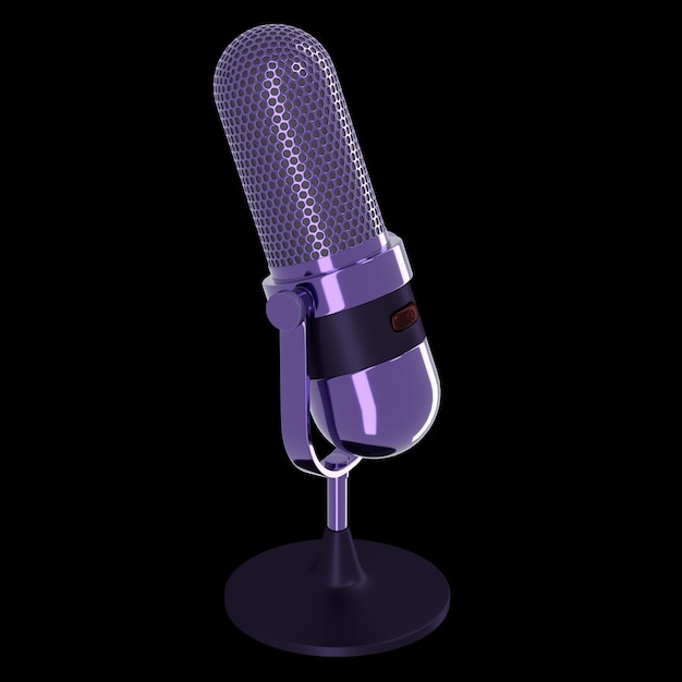 Micrófono vintage de color morado aislado sobre fondo negro. Representación 3D.